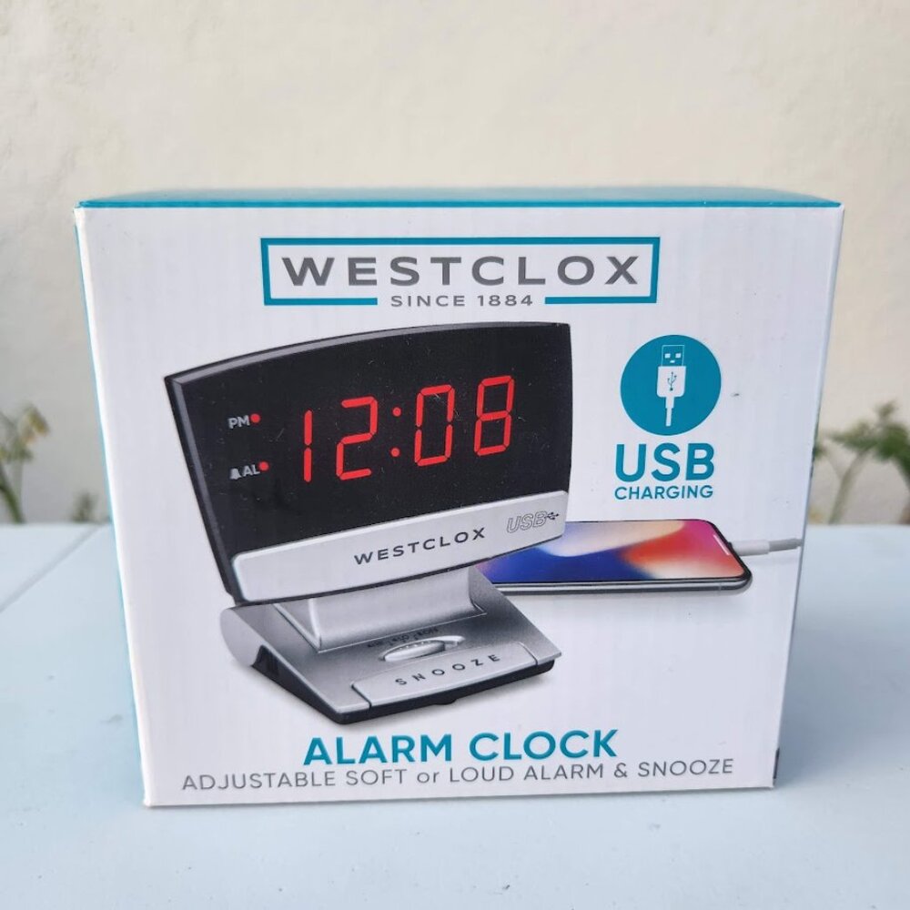 Digital Desk Table Alarm Clock with USB Charging Port Black Silver LED Large 0.9